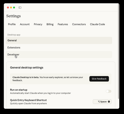 Claude's Settings selecting Developer